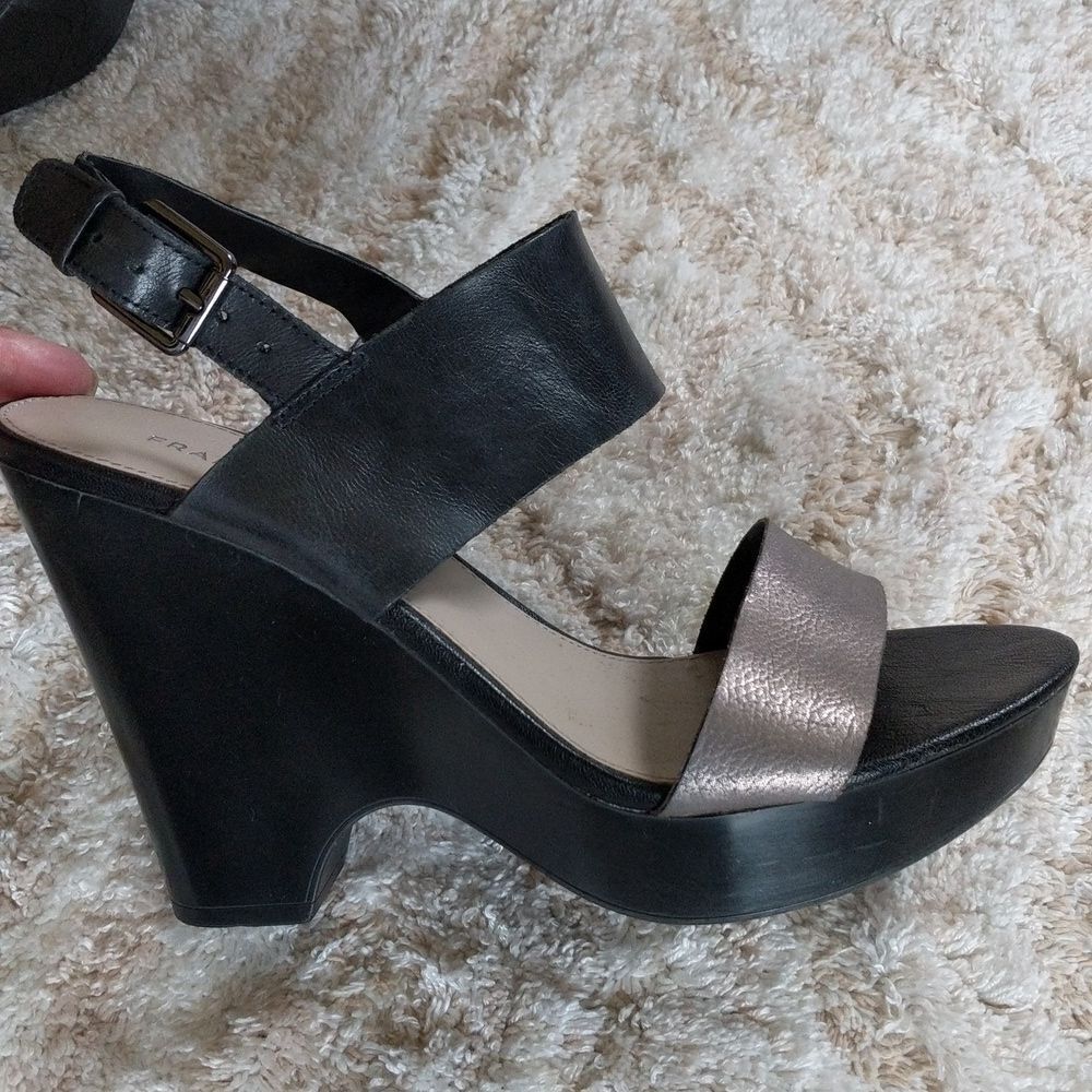Franco Sarto Silver and Black Leather Platform Sandals